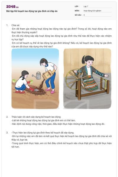 Bài tập Kế hoạch lao động tại gia đình có đáp án