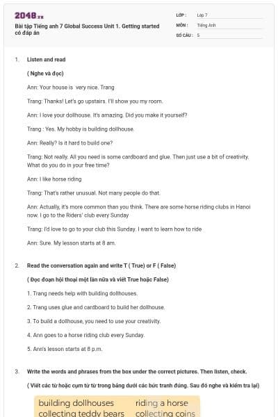 Bài tập Tiếng anh 7 Global Success Unit 1. Getting started có đáp án