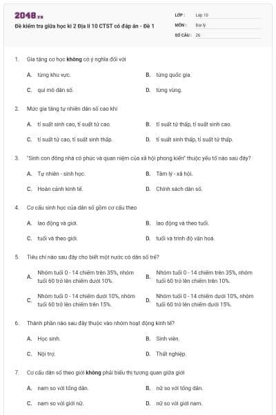 Đề kiểm tra giữa học kì 2 Địa lí 10 CTST có đáp án - Đề 1