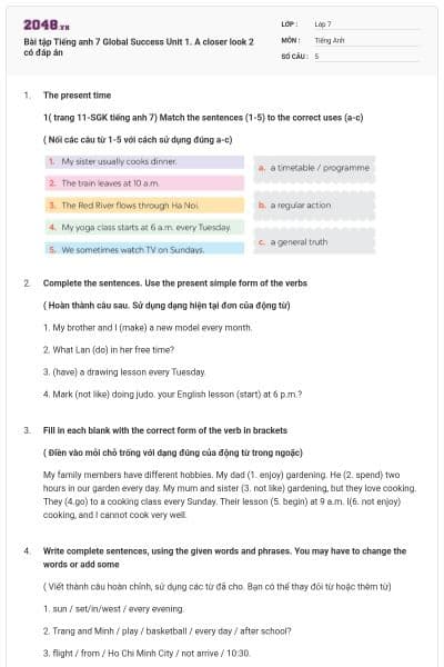 Bài tập Tiếng anh 7 Global Success Unit 1. A closer look 2 có đáp án