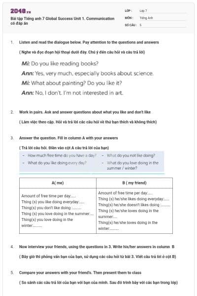 Bài tập Tiếng anh 7 Global Success Unit 1. Communication có đáp án