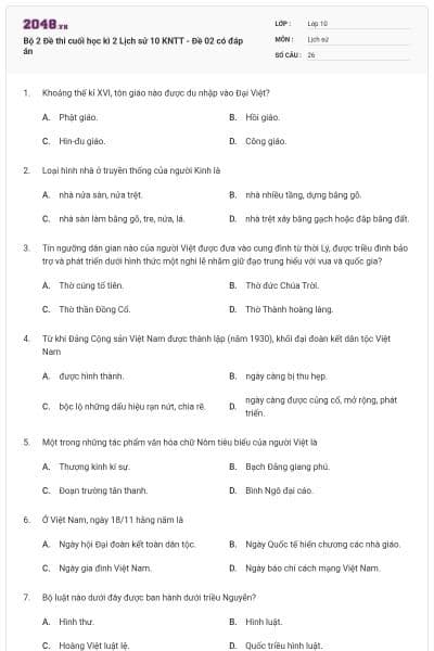 Bộ 2  Đề thi cuối học kì 2 Lịch sử 10 KNTT - Đề 02 có đáp án