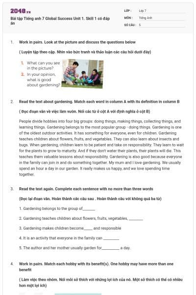 Bài tập Tiếng anh 7 Global Success Unit 1. Skill 1 có đáp án