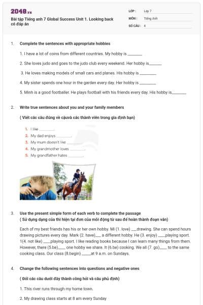 Bài tập Tiếng anh 7 Global Success Unit 1. Looking back có đáp án