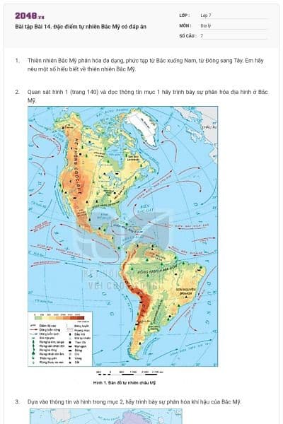 Bài tập Bài 14. Đặc điểm tự nhiên Bắc Mỹ có đáp án