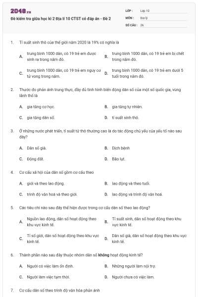 Đề kiểm tra giữa học kì 2 Địa lí 10 CTST có đáp án - Đề 2