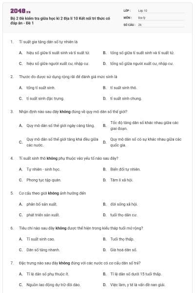 Bộ 2 Đề kiểm tra giữa học kì 2 Địa lí 10 Kết nối tri thức có đáp án - Đề 1