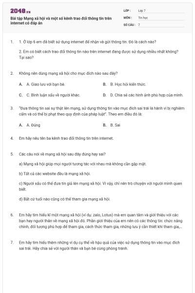 Bài tập Mạng xã hội và một số kênh trao đổi thông tin trên internet có đáp án