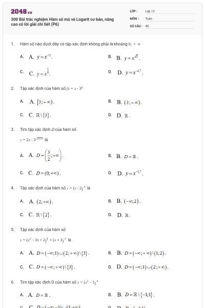 300 Bài trắc nghiệm Hàm số mũ và Logarit cơ bản, nâng cao có lời giải chi tiết (P6)