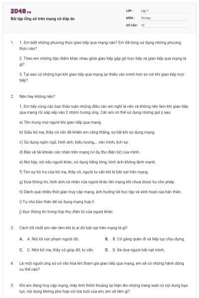 Bài tập Ứng xử trên mạng có đáp án