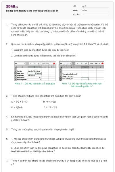 Bài tập Tính toán tự động trên trang tính có đáp án