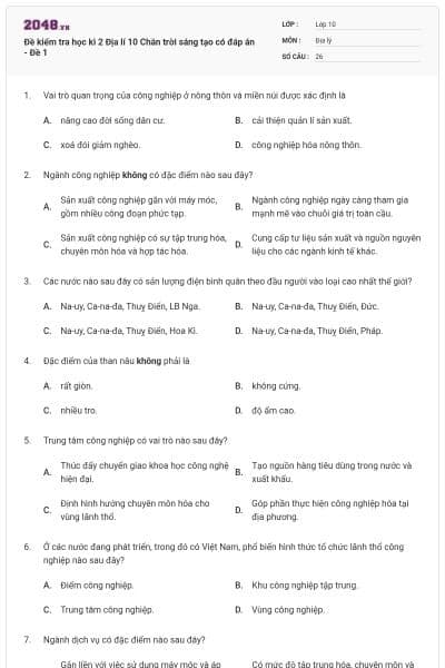 Đề kiểm tra học kì 2 Địa lí 10 Chân trời sáng tạo có đáp án - Đề 1