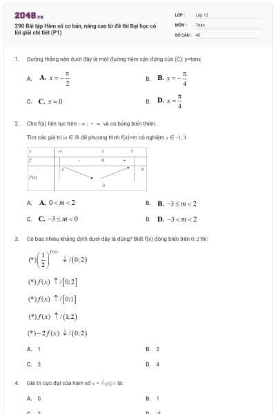 290 Bài tập Hàm số cơ bản, nâng cao từ đề thi Đại học có lời giải chi tiết (P1)