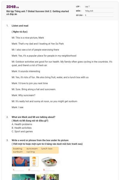 Bài tập Tiếng anh 7 Global Success Unit 2. Getting started có đáp án