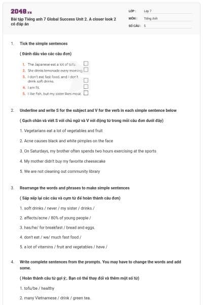 Bài tập Tiếng anh 7 Global Success Unit 2. A closer look 2 có đáp án