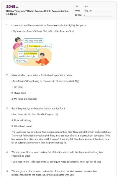 Bài tập Tiếng anh 7 Global Success Unit 2. Communication có đáp án