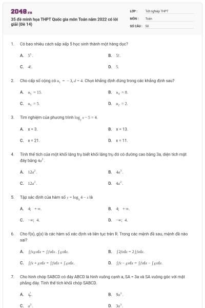 35 đề minh họa THPT Quốc gia môn Toán năm 2022 có lời giải (Đề 14)
