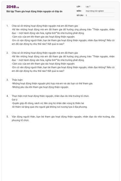Bài tập Tham gia hoạt động thiện nguyện có đáp án