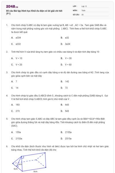 80 câu Bài tập Hình học Khối đa diện có lời giải chi tiết (P1)