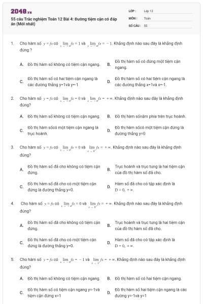 55 câu Trắc nghiệm Toán 12 Bài 4: Đường tiệm cận có đáp án (Mới nhất)