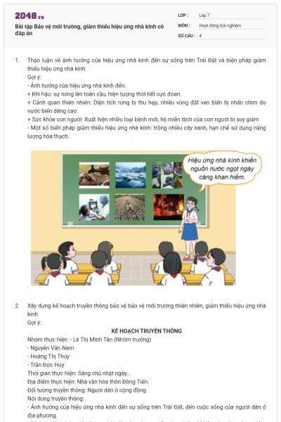 Bài tập Bảo vệ môi trường, giảm thiểu hiệu ứng nhà kính có đáp án