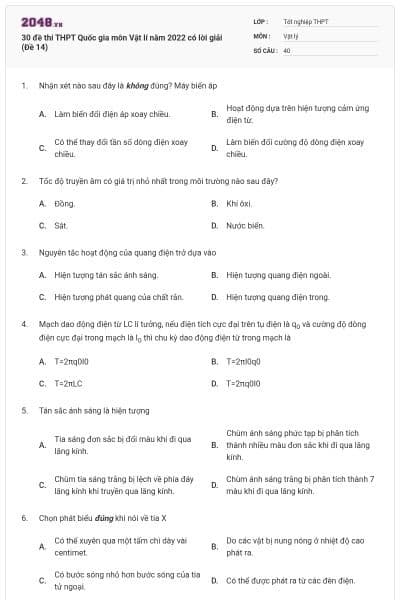 30 đề thi THPT Quốc gia môn Vật lí năm 2022 có lời giải (Đề 14)