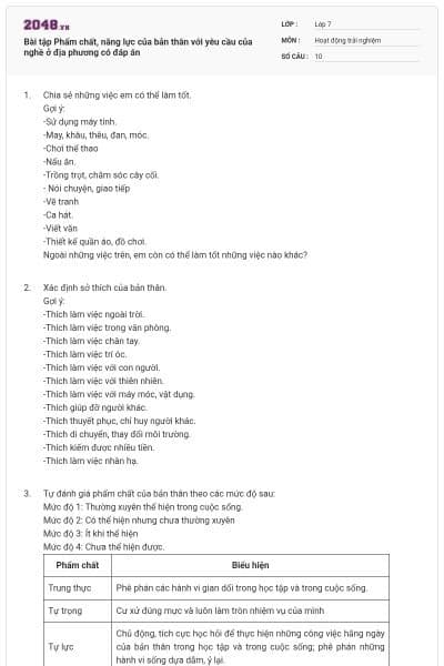 Bài tập Phẩm chất, năng lực của bản thân với yêu cầu của nghề ở địa phương có đáp án