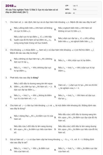 45 câu Trắc nghiệm Toán 12 Bài 2: Cực trị của hàm số có đáp án (Mới nhất) (Đề 1)