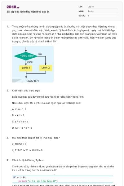 Bài tập Câu lệnh điều kiện If có đáp án