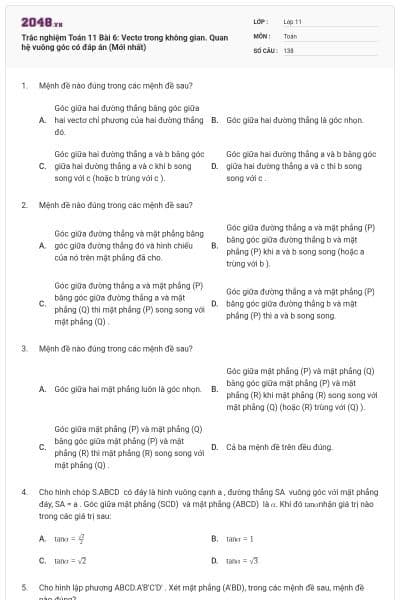 Trắc nghiệm Toán 11 Bài 6: Vectơ trong không gian. Quan hệ vuông góc có đáp án (Mới nhất)