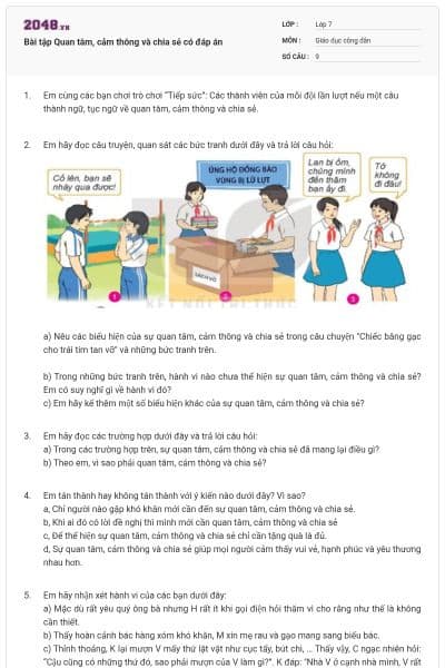 Bài tập Quan tâm, cảm thông và chia sẻ có đáp án