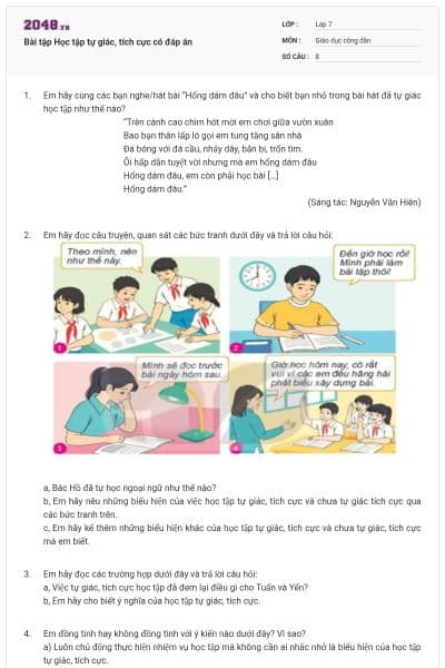 Bài tập Học tập tự giác, tích cực có đáp án