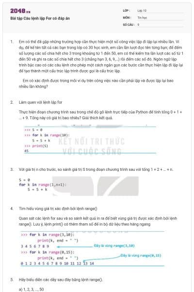Bài tập Câu lệnh lặp For có đáp án