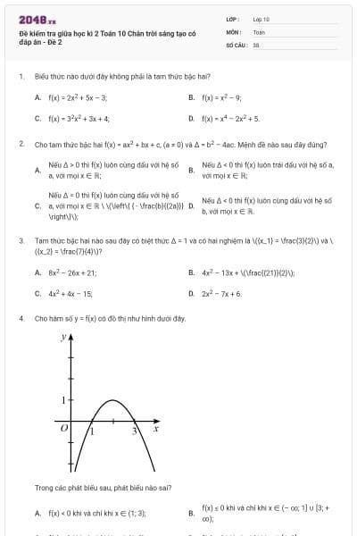 Đề kiểm tra giữa học kì 2 Toán 10 Chân trời sáng tạo có đáp án - Đề 2
