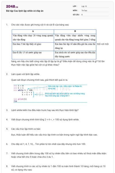 Bài tập Cau lệnh lặp while có đáp án