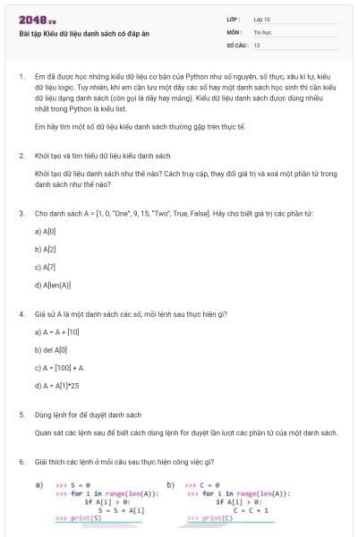Bài tập Kiểu dữ liệu danh sách có đáp án