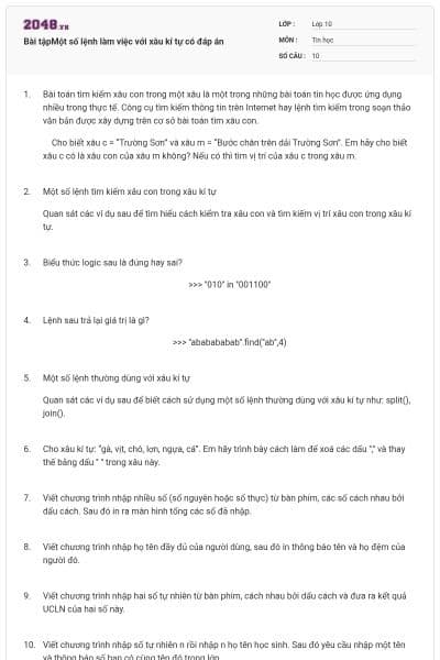 Bài tậpMột số lệnh làm việc với xâu kí tự có đáp án