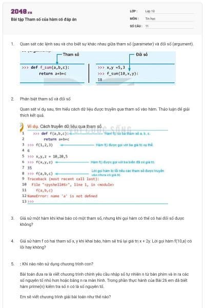Bài tập Tham số của hàm có đáp án