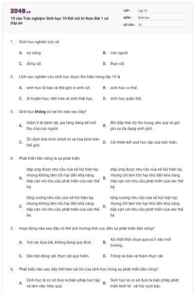 10 câu Trắc nghiệm Sinh học 10 Kết nối tri thức Bài 1 có đáp án