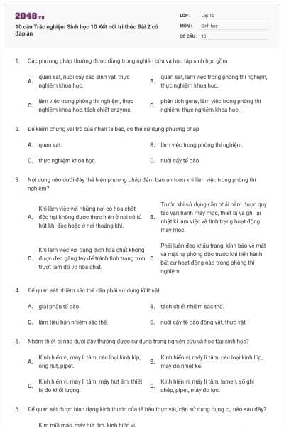 10 câu Trắc nghiệm Sinh học 10 Kết nối tri thức Bài 2 có đáp án