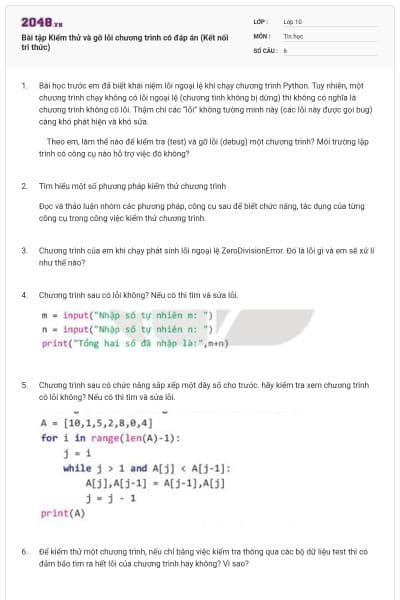 Bài tập Kiểm thử và gỡ lỗi chương trình có đáp án (Kết nối tri thức)
