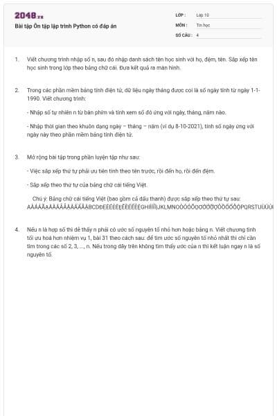 Bài tập Ôn tập lập trình Python có đáp án