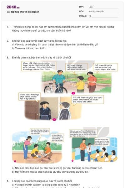 Bài tập Giữ chữ tín có đáp án