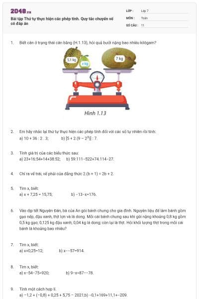 Bài tập Thứ tự thực hiện các phép tính. Quy tắc chuyển vế có đáp án