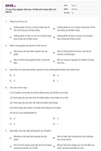 10 câu Trắc nghiệm Sinh học 10 Kết nối tri thức Bài 5 có đáp án