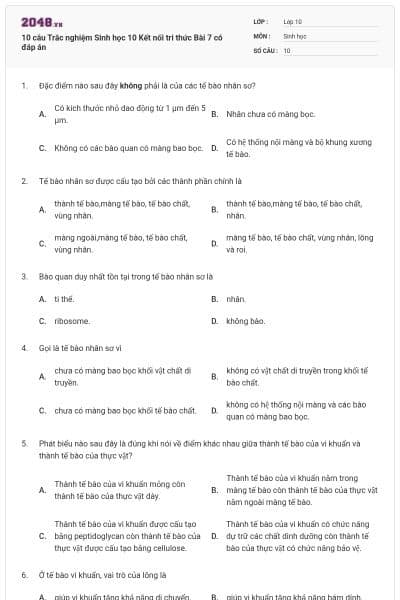 10 câu Trắc nghiệm Sinh học 10 Kết nối tri thức Bài 7 có đáp án