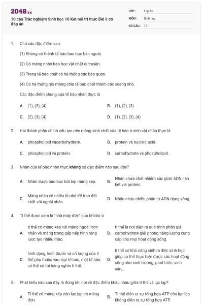 10 câu Trắc nghiệm Sinh học 10 Kết nối tri thức Bài 8 có đáp án