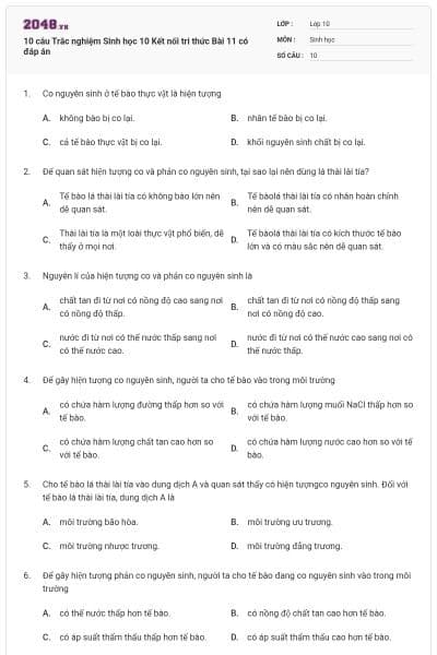 10 câu Trắc nghiệm Sinh học 10 Kết nối tri thức Bài 11 có đáp án