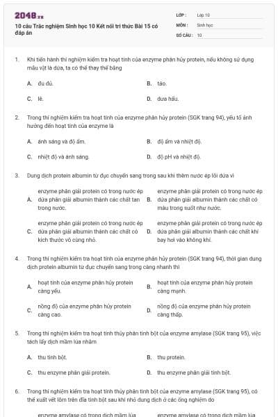 10 câu Trắc nghiệm Sinh học 10 Kết nối tri thức Bài 15 có đáp án