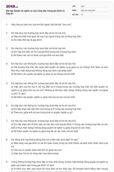 Bài tập Quyền và nghĩa vụ của công dân trong gia đình có đáp án